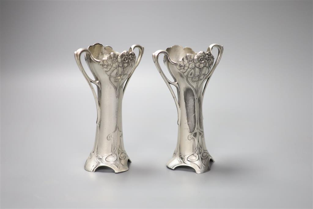 A pair of WMF two handled vases, both missing glass liners, height 13.5cm